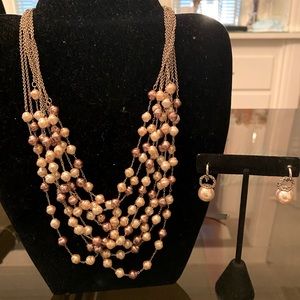 Multi strand pearl necklace with earrings